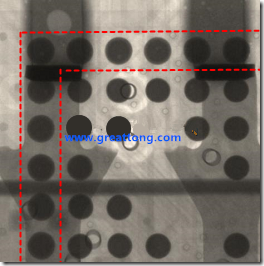 BGA錫球尺寸小于0.4mm，采用降低BGA內(nèi)圍襲球的錫膏量所得到X-Ray，稍微留意一下可以發(fā)現(xiàn)最外圈的錫量(圓的直徑)比其他內(nèi)圍的錫球上的錫量來得多一點(diǎn)點(diǎn)。也就是外圈的黑色圓形直徑比內(nèi)圈的圓形來得大一點(diǎn)點(diǎn)。