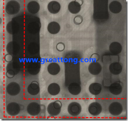 BGA錫球尺寸小于0.4mm，采用降低BGA內(nèi)圍襲球的錫膏量所得到X-Ray，稍微留意一下可以發(fā)現(xiàn)最外圈的錫量(圓的直徑)比其他內(nèi)圍的錫球上的錫量來得多一點(diǎn)點(diǎn)。也就是外圈的黑色圓形直徑比內(nèi)圈的圓形來得大一點(diǎn)點(diǎn)。