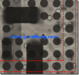 BGA錫球尺寸小于0.4mm，采用降低BGA內(nèi)圍襲球的錫膏量所得到X-Ray，稍微留意一下可以發(fā)現(xiàn)最外圈的錫量(圓的直徑)比其他內(nèi)圍的錫球上的錫量來得多一點(diǎn)點(diǎn)。也就是外圈的黑色圓形直徑比內(nèi)圈的圓形來得大一點(diǎn)點(diǎn)。