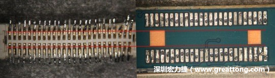 把板對板連接器與其電路板的佈線焊墊作一個比較，端子的切斷面有毛邊的地方剛好對到了裸銅區(qū)。