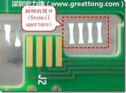 這個(gè)HotBar(熱壓熔錫焊接)吃錫的設(shè)計(jì)已經(jīng)對(duì)了一半，在印刷錫膏的時(shí)候在焊墊的中間位置減少錫膏，如果治具的設(shè)定正確的話，熱壓頭(thermode)要壓在焊墊中間的位置，焊錫的印出來結(jié)果如下面右圖所示。