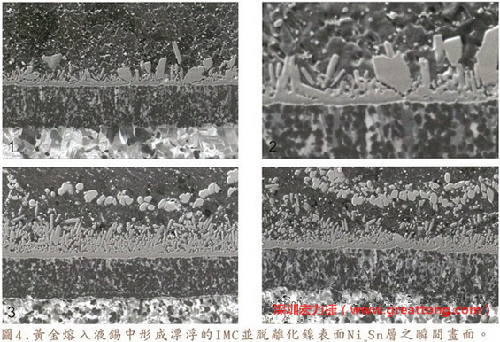 下面四張圖片為放大4500倍的SEM圖像，說明在回流焊爐熱量不足的情況下，黃金成份正要從鎳層分離融入焊錫之中的瞬間，當零件遭受外力沖擊的時候就極有可能從這一整排AuSn、、AuSn2或AuSn4的IMC處裂開。