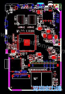 上圖是一個開發(fā)板的PCB，從布局中可以看出各個接口電路分離很明確，SDRAM和DDR以及SD卡接口電路等走線不會造成相互的干擾。-深圳宏力捷