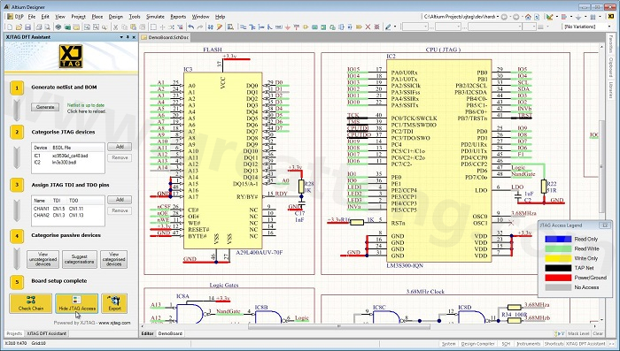 XJTAG DFT Assistant的Access Viewer模式可以清楚地顯示可用的測試存取層級，讓電路板設計人員在展開PCB布局以前的原理圖擷取階段盡可能地提高測試存取能力