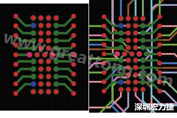 圖7：焊盤內(nèi)過孔用于內(nèi)部，而外部接腳在0.5mm閘格上扇出。圖7a顯示的是頂層(左)；圖7b顯示頂層和內(nèi)部布線層(右)。