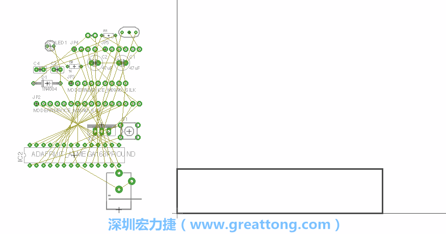 第一次執(zhí)行布線編輯器時(shí)，你會(huì)發(fā)現(xiàn)有兩個(gè)區(qū)塊，左邊的區(qū)塊非?；靵y，而右邊的區(qū)塊則是一個(gè)長(zhǎng)方形的工作區(qū)域，EAGLE免費(fèi)版會(huì)限制你的工作區(qū)域在4” x 3.2”的范圍內(nèi)，如果你試圖將元件擺放在工作區(qū)外的話，就會(huì)跳出警示訊息。