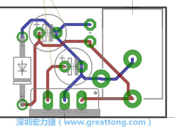 接地連結(jié)點(diǎn)的布線情形如下圖所示，利用這個(gè)練習(xí)來(lái)避免電路連線銳角化的產(chǎn)生是一個(gè)不錯(cuò)的選擇，你可以在工具列中的彎曲線路（Wire Bend）選項(xiàng)里改變各種布線的變化。