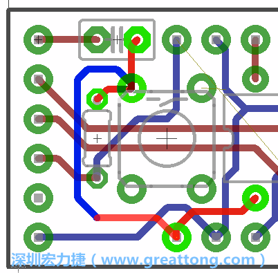 為了要?jiǎng)?chuàng)造一個(gè)電路通道，首先要先點(diǎn)擊重置開(kāi)關(guān)的連結(jié)點(diǎn)進(jìn)行布線，在電路板的背面繪制線路直到其它線路前的乾淨(jìng)區(qū)域。