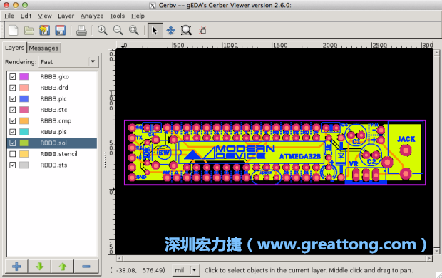 將圖層匯入你的Gerber預(yù)覽工具內(nèi)（下圖為Gerbv），我通常會(huì)從上到下重新排列它們的順序，好讓我比較好校對(duì)：