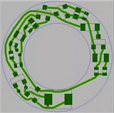 圖6：PCB布線例子：(a)拓撲式自動布線器(完成了100%導線的布線)；
