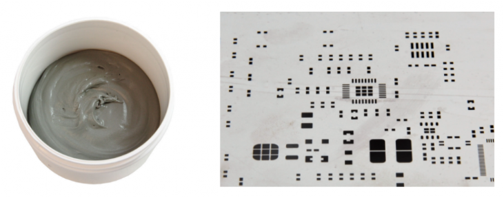 焊膏（左），PCB模板激光切割孔（右）